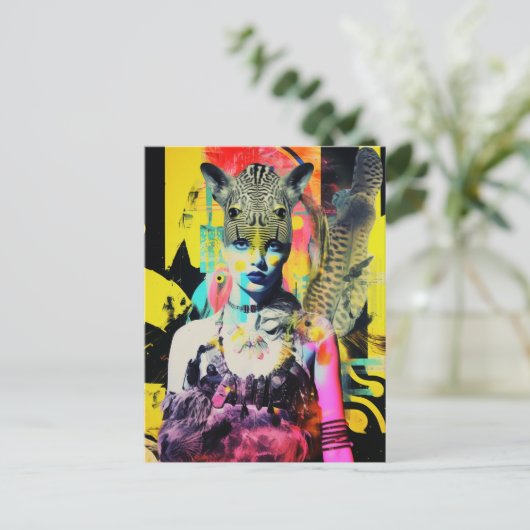 Fantasy Women and Animals Colorful Collage Postkarte (Stehend Vorderseite)