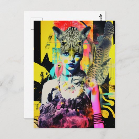 Fantasy Women and Animals Colorful Collage Postkarte (Vorne/Hinten)