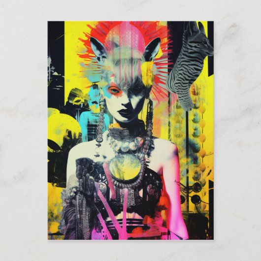 Fantasy Women and Animals Colorful Collage Postkarte (Vorderseite)