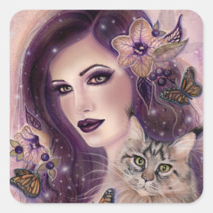 Fantasy women with cat by Renee Lavoie Quadratischer Aufkleber