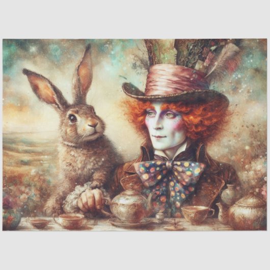 Fantasy Wonderland Hatter Hare Tea Time Decoupage Seidenpapier (Vorderseite)