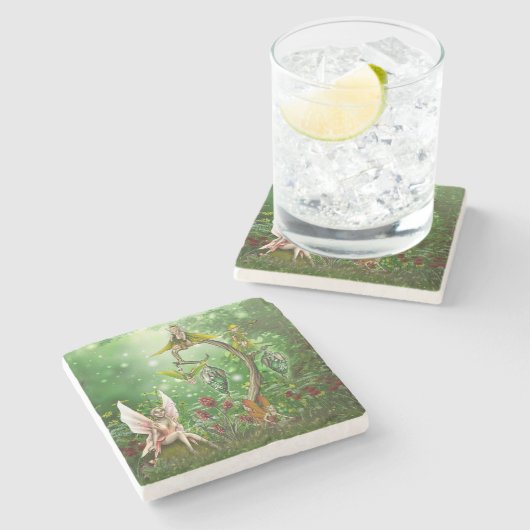 Fantasy Woodland Fairy Muster Steinuntersetzer (Seitenansicht)