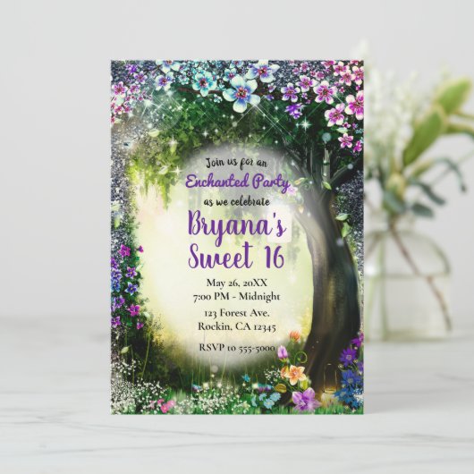 Fantasy Woodland Verzauberte Glow Forest Sweet 16 Einladung (Stehend Vorderseite)