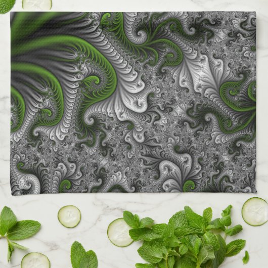 Fantasy World Green and Graue Abstrakte Fraktal Ar Geschirrtuch (Gefaltet)