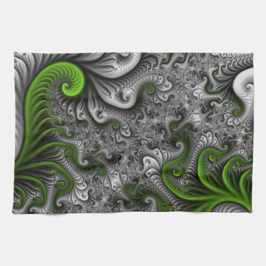 Fantasy World Green and Graue Abstrakte Fraktal Ar Handtuch (Horizontal)