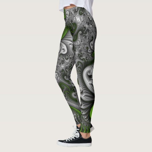 Fantasy World Green and Graue Abstrakte Fraktal Ar Leggings (Links)