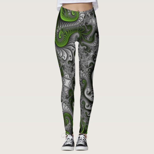 Fantasy World Green and Graue Abstrakte Fraktal Ar Leggings (Vorderseite)