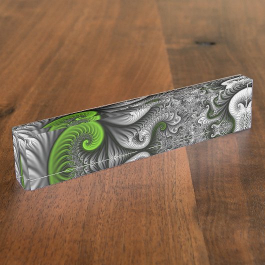 Fantasy World Green and Graue Abstrakte Fraktal Ar Namensplakette (Seite)