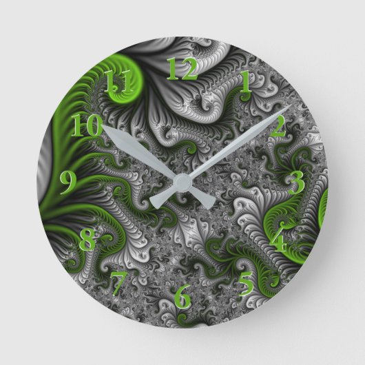 Fantasy World Green and Graue Abstrakte Fraktal Ar Runde Wanduhr (Vorderseite)