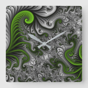 Fantasy World Green And Gray Abstract Fractal Art Quadratische Wanduhr