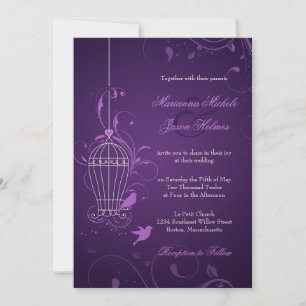 Fantful Bird Cage mit Wirbel Eggplant Hochzeit Einladung