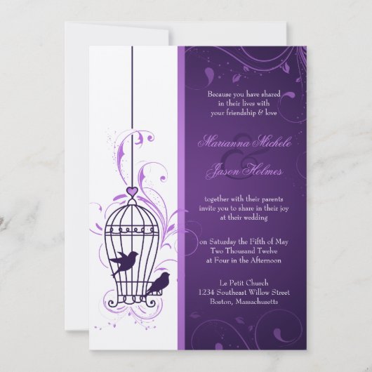 Fantful Bird Cage mit Wirbel Eggplant Hochzeit Einladung (Vorderseite)