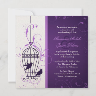 Fantful Bird Cage mit Wirbel Eggplant Hochzeit Einladung