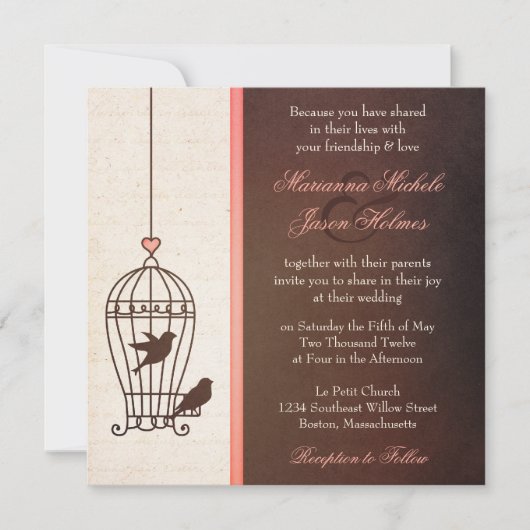 Fantful Bird Cage - Schokolade & Pink Wedding Einladung (Vorderseite)