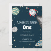 Far out Rocket and Planets Boy zum ersten Geburtst Einladung (Vorderseite)