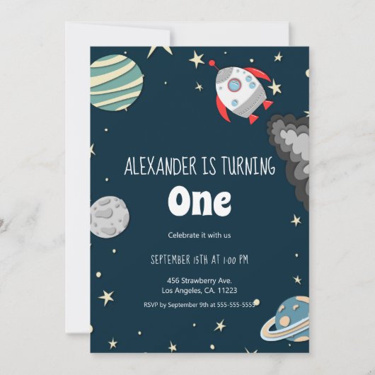 Far out Rocket and Planets Boy zum ersten Geburtst Einladung (Vorderseite)