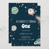 Far out Rocket and Planets Boy zum ersten Geburtst Einladung (Vorne/Hinten)