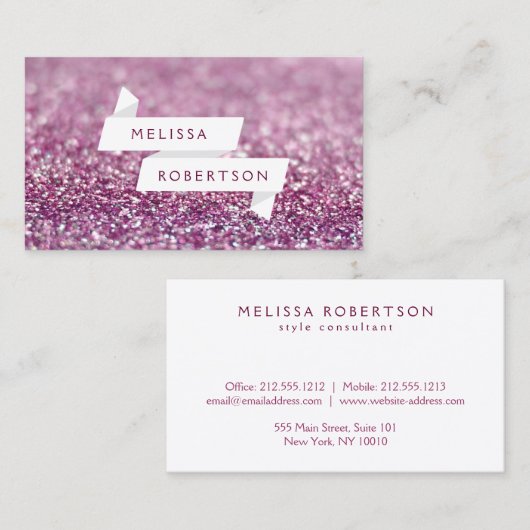 Farbband mit weißem Namen - rosa Glitzer - Visiten Visitenkarte (Vorne/Hinten)