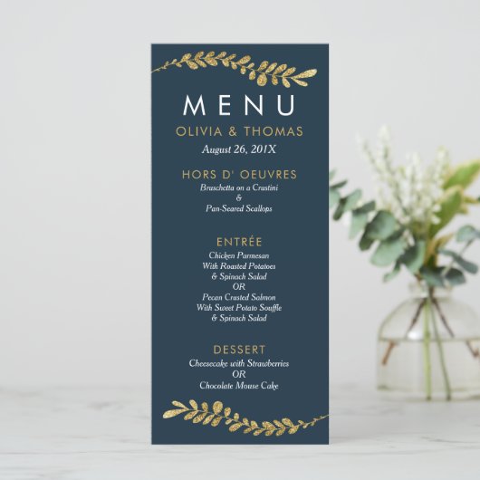 Farbbearbeitbare Imitate Gold Leaf Wedelmenu Karte (Stehend Vorderseite)