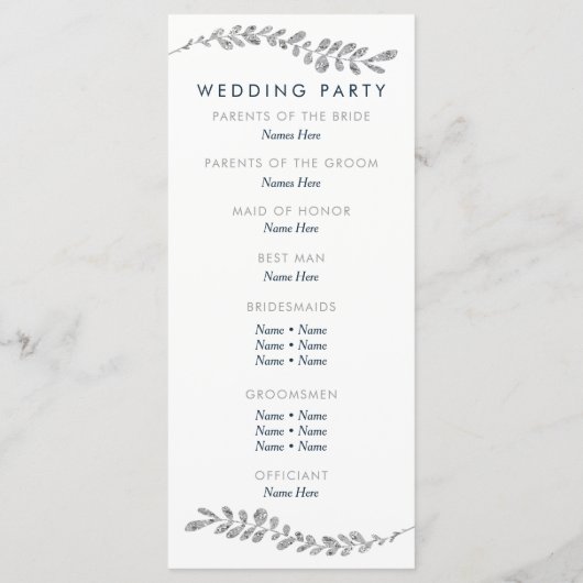 Farbbearbeitbares Silber Leaf Wedding Programm (Rückseite)