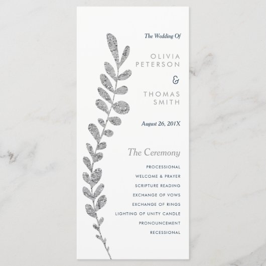 Farbbearbeitbares Silber Leaf Wedding Programm (Vorderseite)