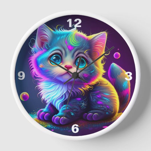 FARBBIG NEON BLUE EYE KITTEN CLOCK UHR (Vorderseite)