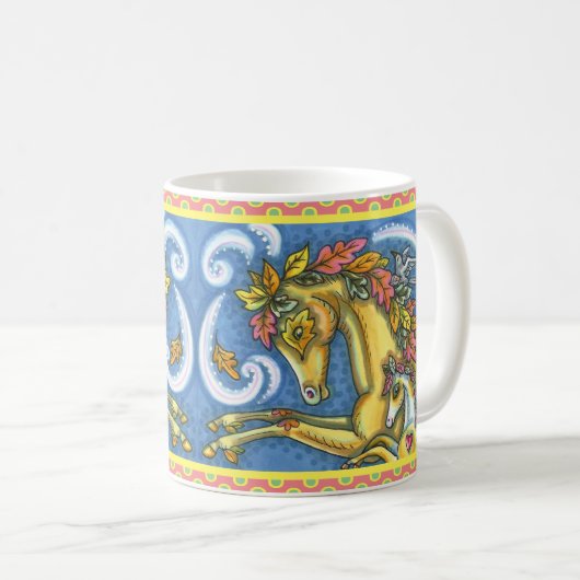 FARBBIGE AUTUMENSTÜTZE AUF WHIMSICAL PORSE & COLT KAFFEETASSE (VorderseiteRechts)