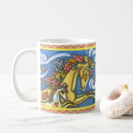 FARBBIGE AUTUMENSTÜTZE AUF WHIMSICAL PORSE & COLT KAFFEETASSE (Mit Donut)
