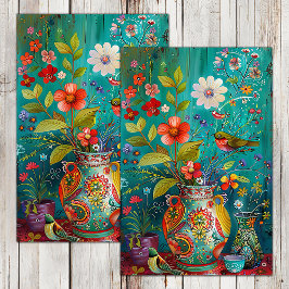 FARBBIRDS MIT BLUME IN VASE DECOUPAGE SEIDENPAPIER