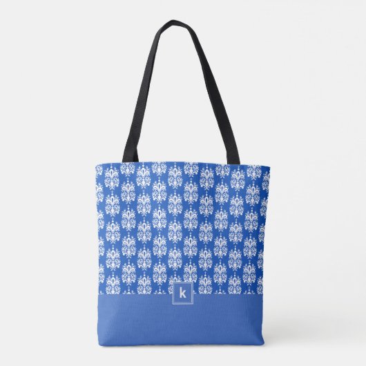 Farbblauer Damaskus Muster Monogram Totbeutel Tasche (Rückseite)