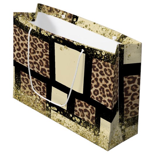 Farbblock Cream Ivory Black & Leopard Cheetah Große Geschenktüte (Vorderseite Schrägansicht)