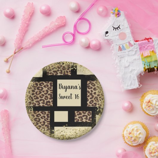 Farbblock Cream Ivory Black & Leopard Cheetah Pappteller (Party)