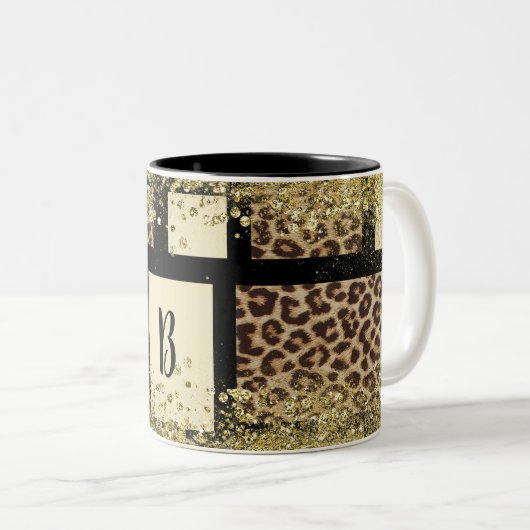 Farbblock Cream Ivory Black & Leopard Cheetah Zweifarbige Tasse (VorderseiteRechts)