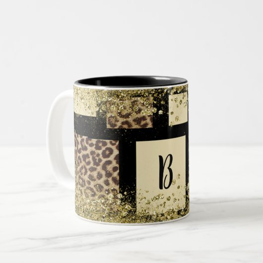 Farbblock Cream Ivory Black & Leopard Cheetah Zweifarbige Tasse (Vorderseite Links)