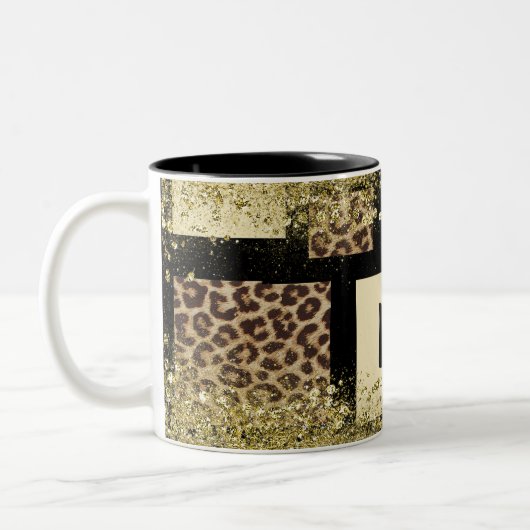 Farbblock Cream Ivory Black & Leopard Cheetah Zweifarbige Tasse (Links)