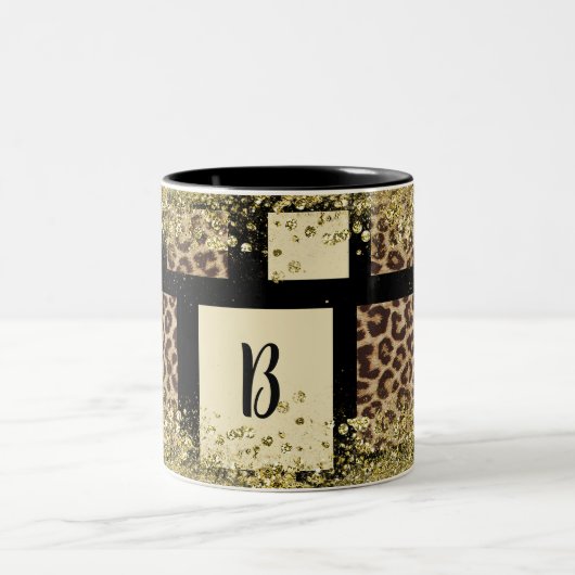 Farbblock Cream Ivory Black & Leopard Cheetah Zweifarbige Tasse (Mittel)