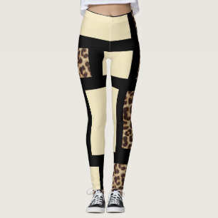 Farbblock Creme Elfenbeinschwarz und Leoparden Leggings