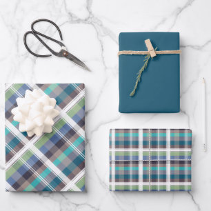 Farbblock-Karomuster – Türkis, Braun, Lila, Grün Geschenkpapier Set