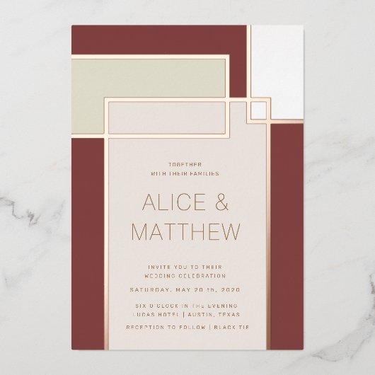 Farbblock Mitte des Jahrhunderts moderne Hochzeit Folieneinladung (Vorderseite)