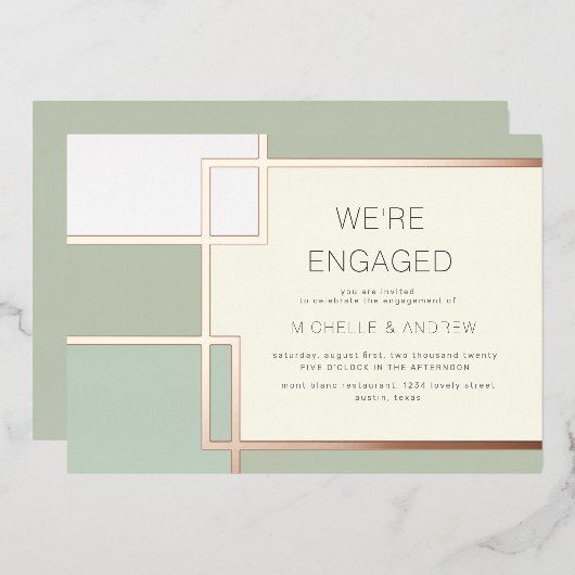 Farbblock Mitte Jahrhundert Moderne Verlobung Folieneinladung (Vorderseite/Rückseite)