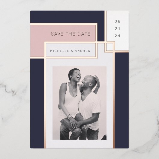 Farbblock Mitte Jahrhundert Modernes Save the Date Folieneinladung (Vorderseite)