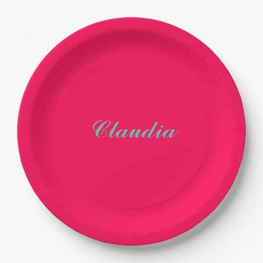 Farbblock-Monogramm auf heißem Fuchsia-Pink Pappteller (Vorderseite)