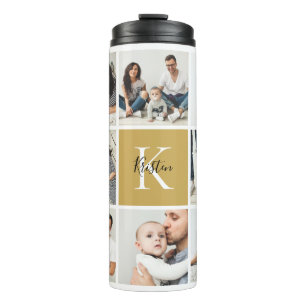 Farbblock-Monogramm-Familienfoto-Collage   Senf Thermosbecher
