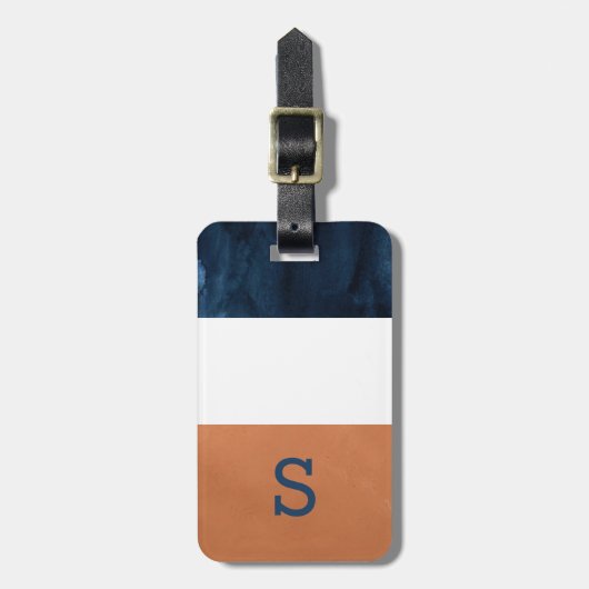 Farbblock Navy Blue, Orange Monogram, Gepäckmarke Gepäckanhänger (Vorderseite vertikal)