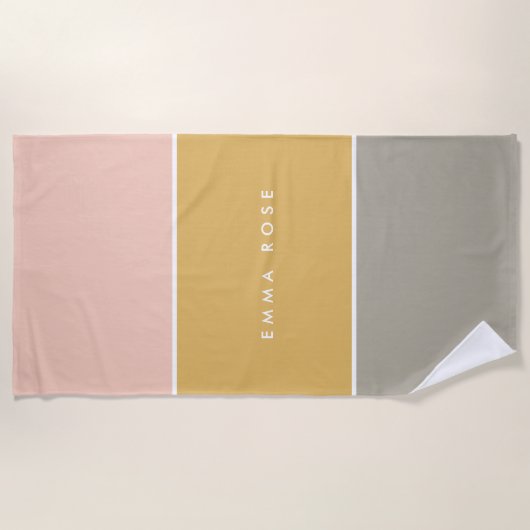 Farbblock Pink Gold Grau Streifen Monogramm Strandtuch (Vorderseite)