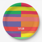 Farbblock Streifen Monogramm Name Regenbogen Pappteller (Vorderseite)