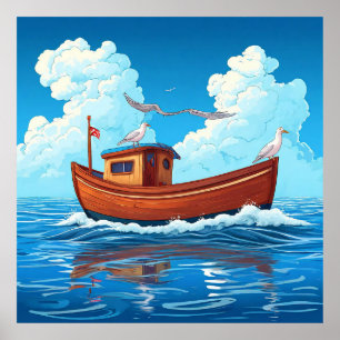 Farbboot, das auf den Wellen des Ozeans schwimmt Poster