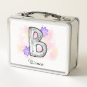 Farbbrief B mit violetten Blumen Metall Brotdose (Rückseite)