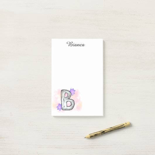 Farbbrief B mit violetten Blumen Post-it Klebezettel (Auf Schreibtisch)