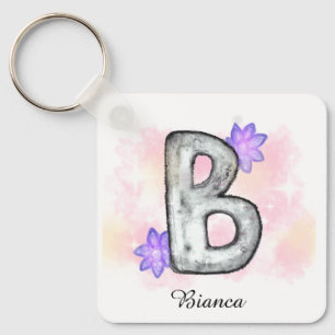Farbbrief B mit violetten Blumen Schlüsselanhänger